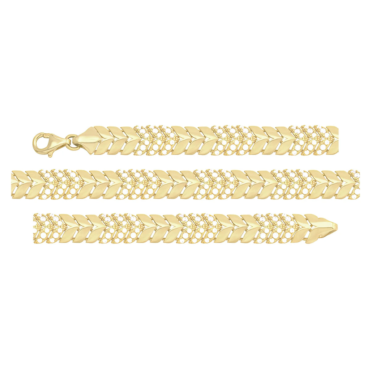 Solid gold herringbone bracelet, 8.50 g — shown in three rows across the frame.