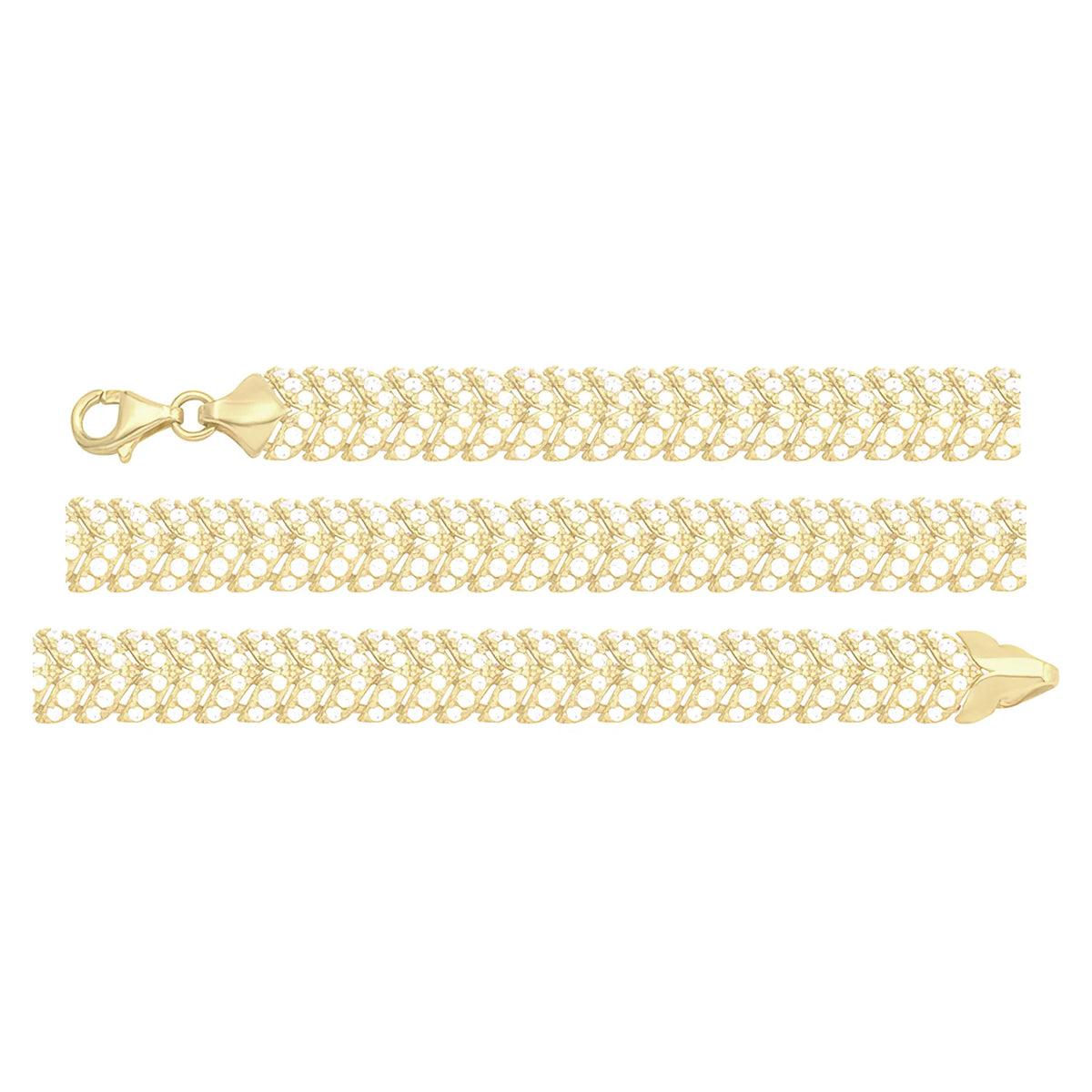 Solid gold herringbone bracelet, 10.80 g — shown in three rows across the frame.