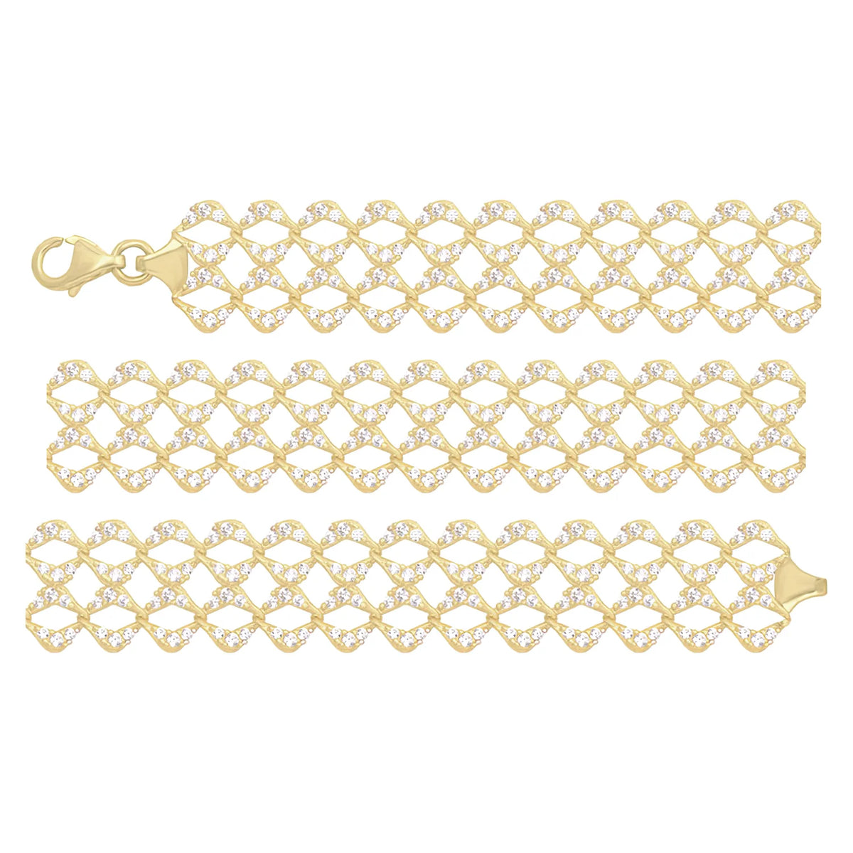 Solid gold tennis bracelet, 8.90 g — shown in three rows across the frame.