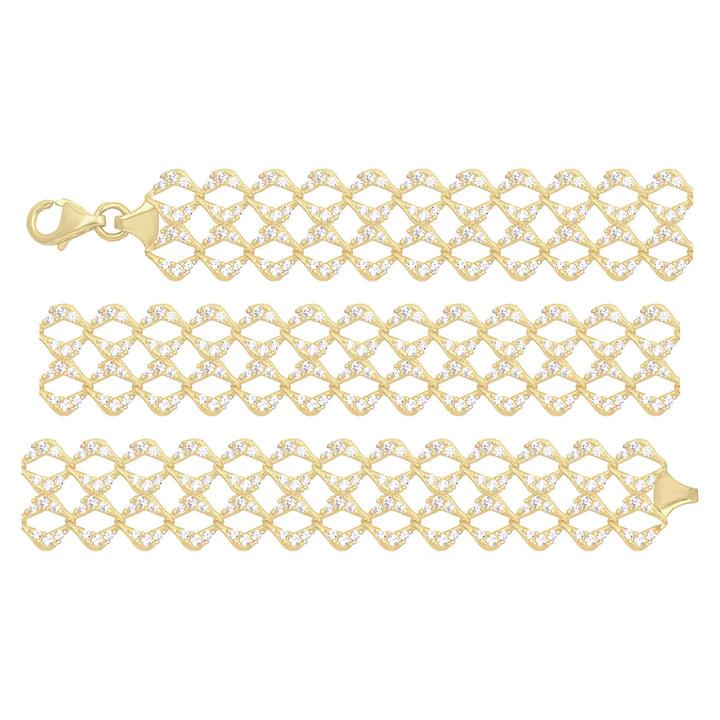 Solid gold tennis bracelet, 8.90 g — shown in three rows across the frame.