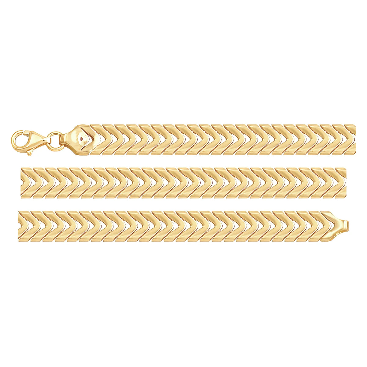 Solid gold herringbone bracelet, 9.50 g — shown in three rows across the frame.