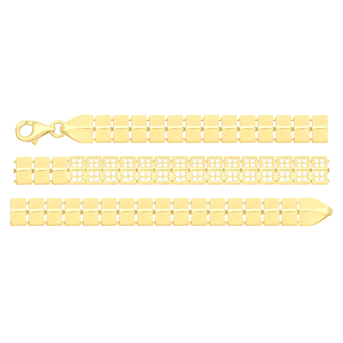 Solid gold brick link bracelet, 8.60 g — shown in three rows across the frame.