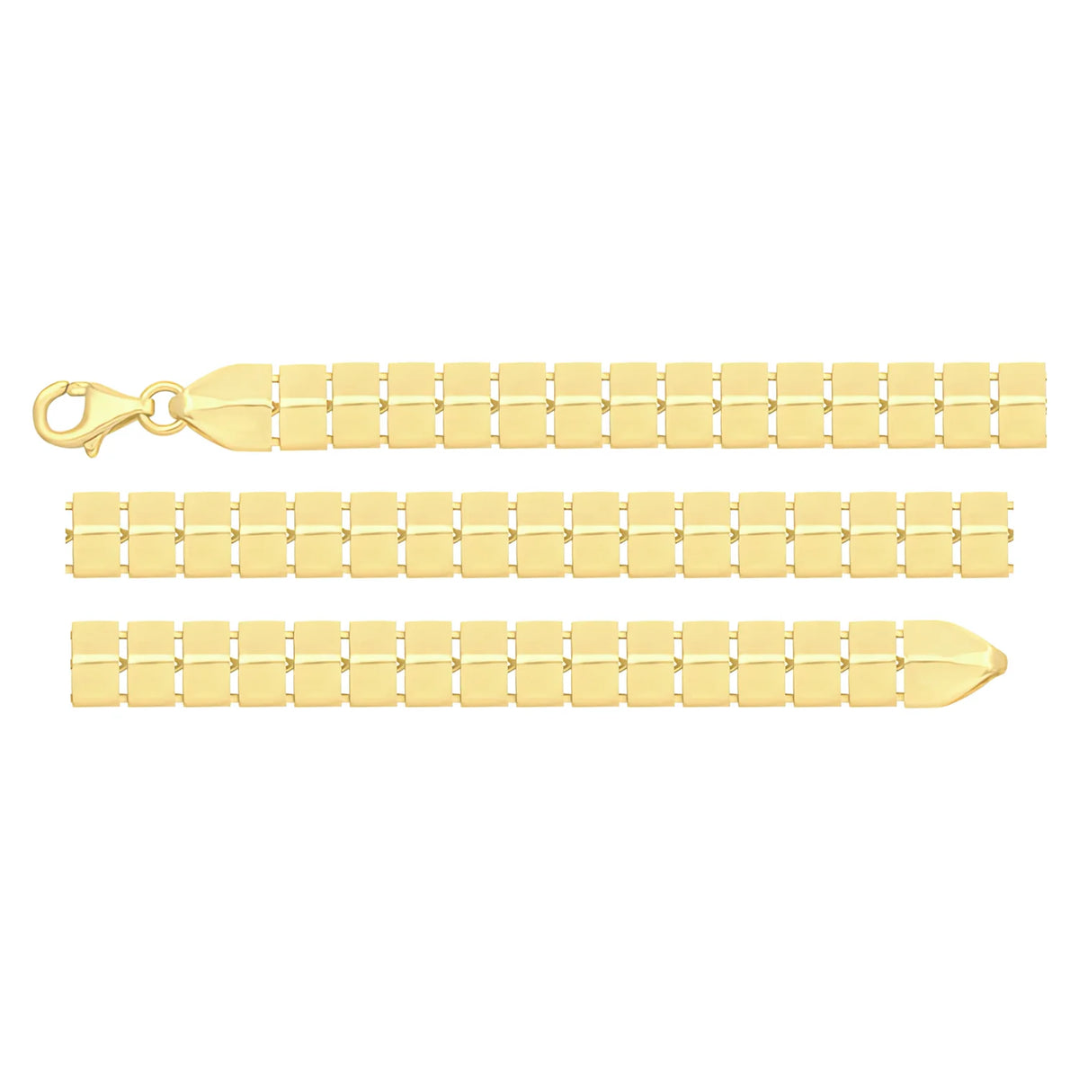 Solid gold brick link bracelet, 8.10 g — shown in three rows across the frame.