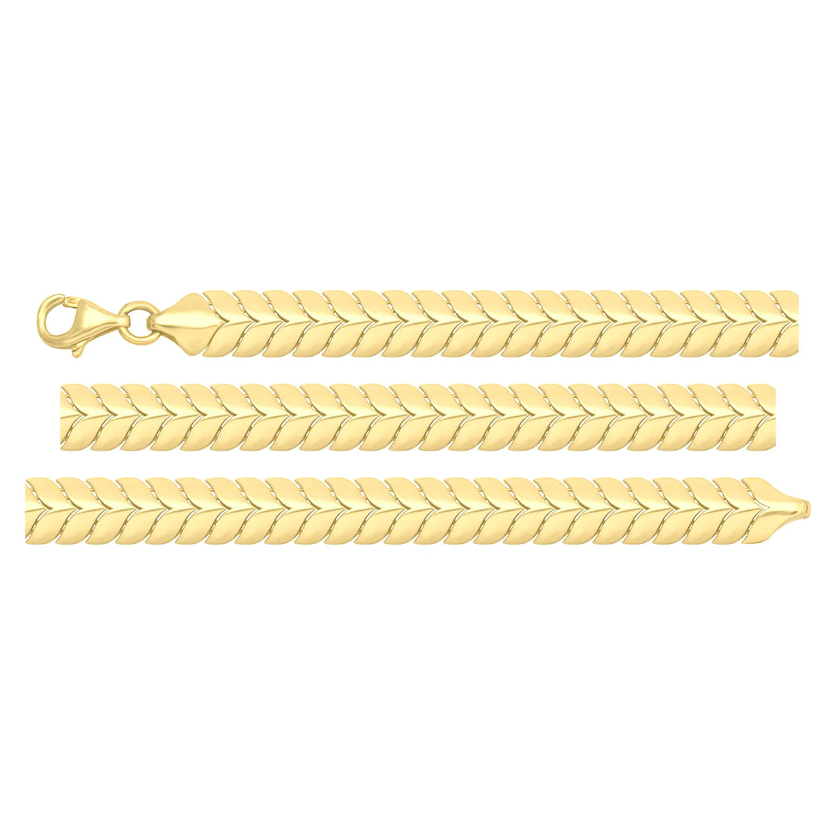 Solid gold herringbone bracelet, 7.75 g — shown in three rows across the frame.