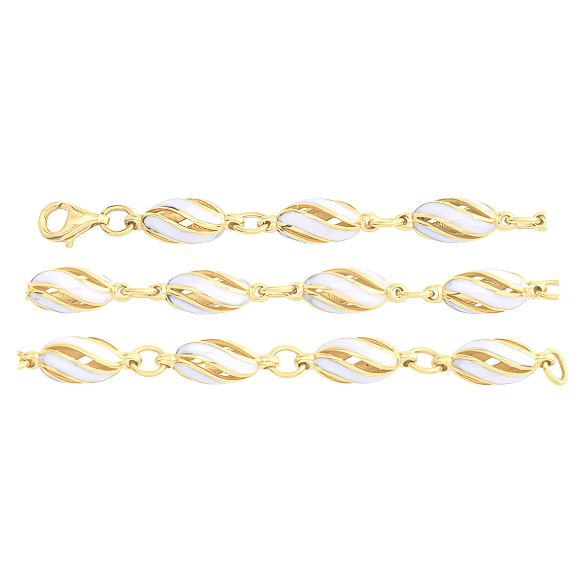 Solid gold fancy link bracelet, 9.50 g — shown in three rows across the frame.