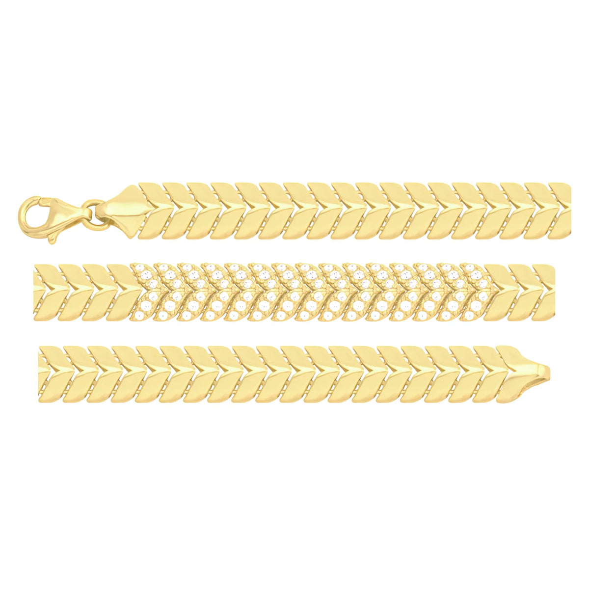 Solid gold herringbone bracelet, 9.50 g — shown in three rows across the frame.