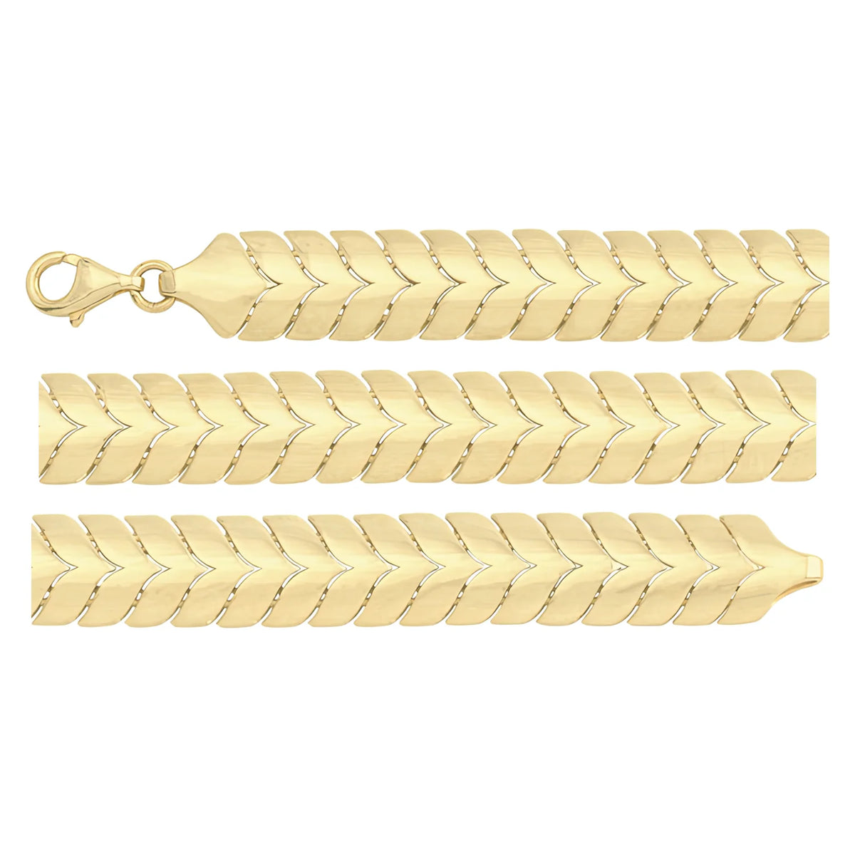 Solid gold herringbone bracelet, 12.40 g — shown in three rows across the frame.