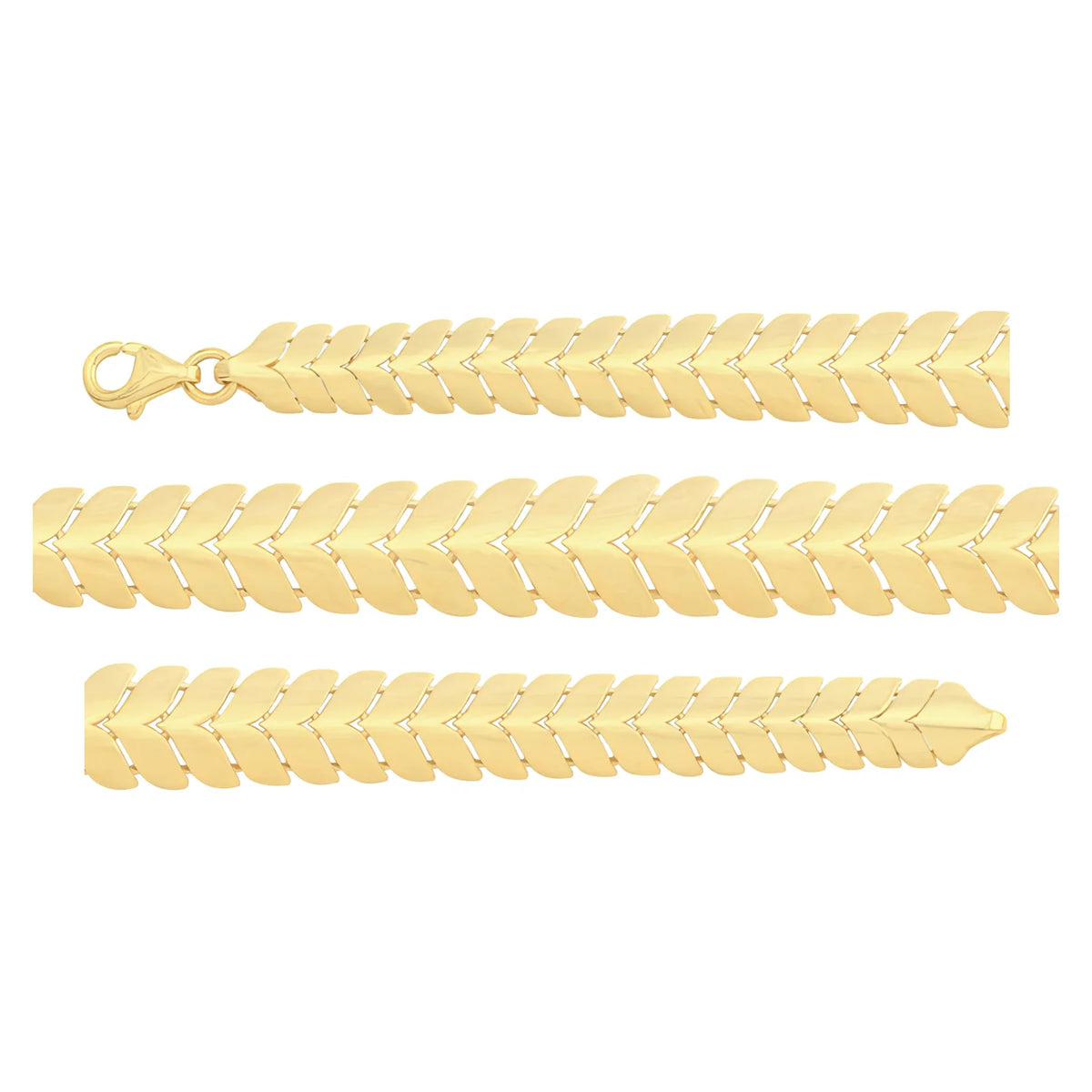 Solid gold herringbone bracelet, 9.60 g — shown in three rows across the frame.