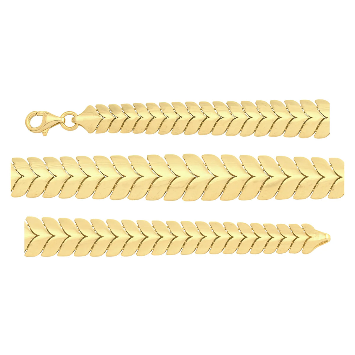 Solid gold herringbone bracelet, 14.35 g — shown in three rows across the frame.