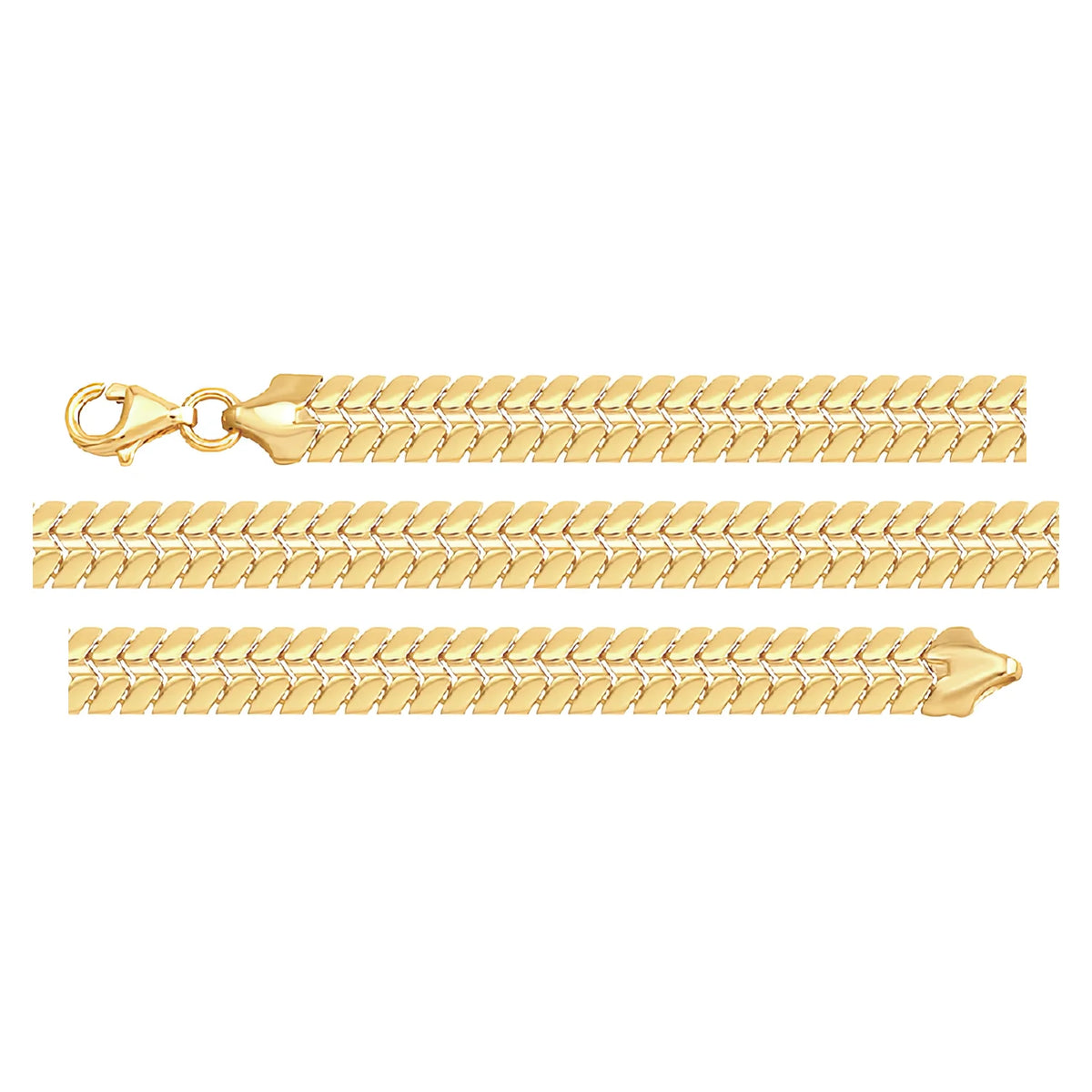Solid gold herringbone bracelet, 6.75 g — shown in three rows across the frame.