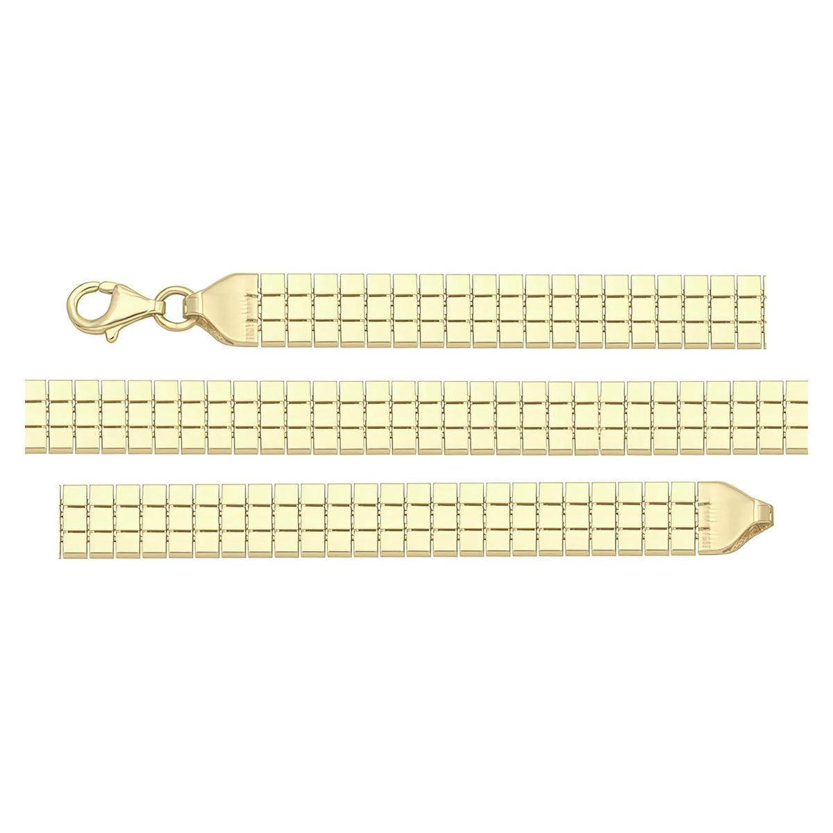 Solid gold brick link bracelet, 7.60 g — shown in three rows across the frame.