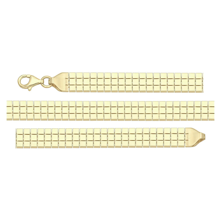 Solid gold brick link bracelet, 7.60 g — shown in three rows across the frame.