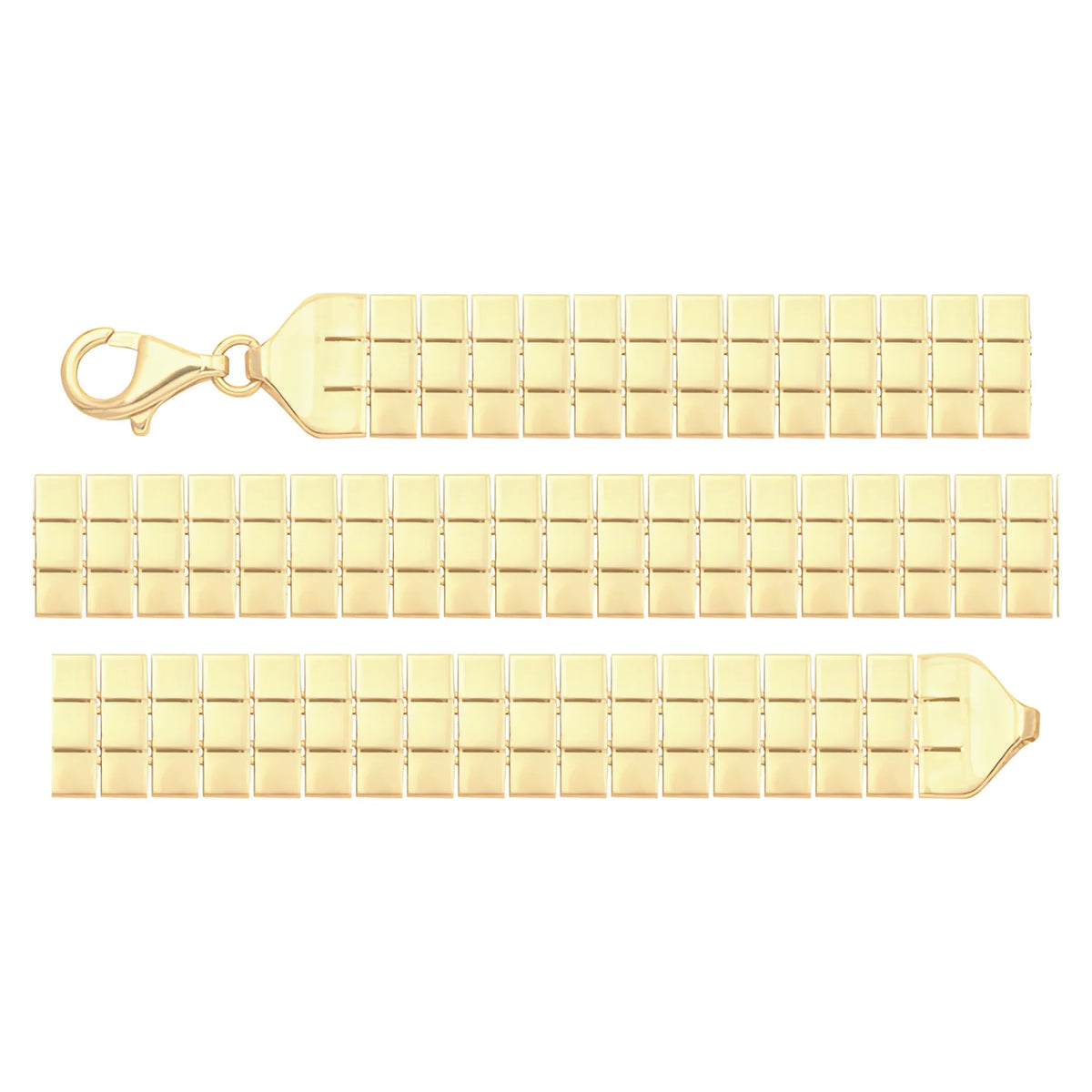 Solid gold brick link bracelet, 9.00 g — shown in three rows across the frame.
