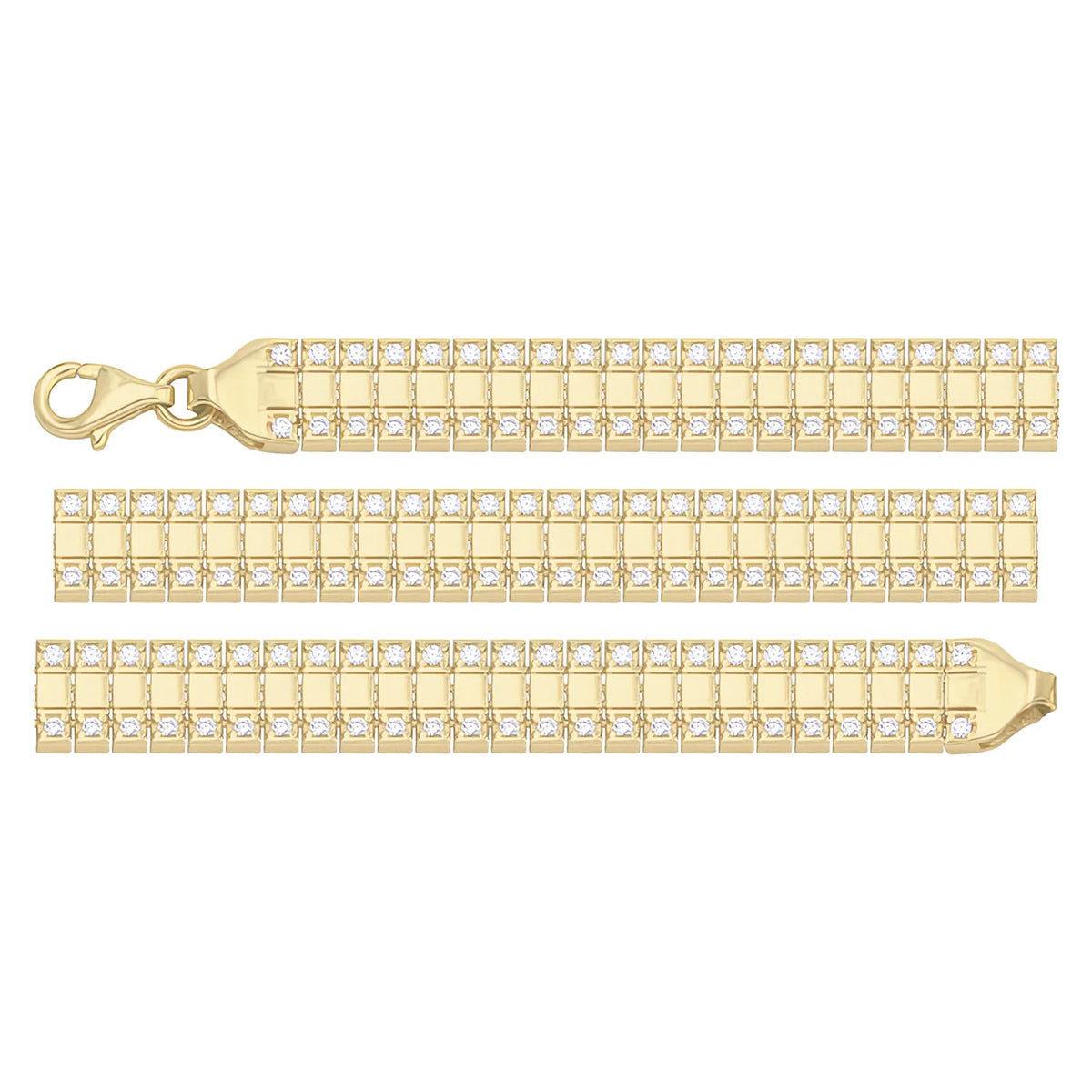 Solid gold brick link bracelet, 10.40 g — shown in three rows across the frame.