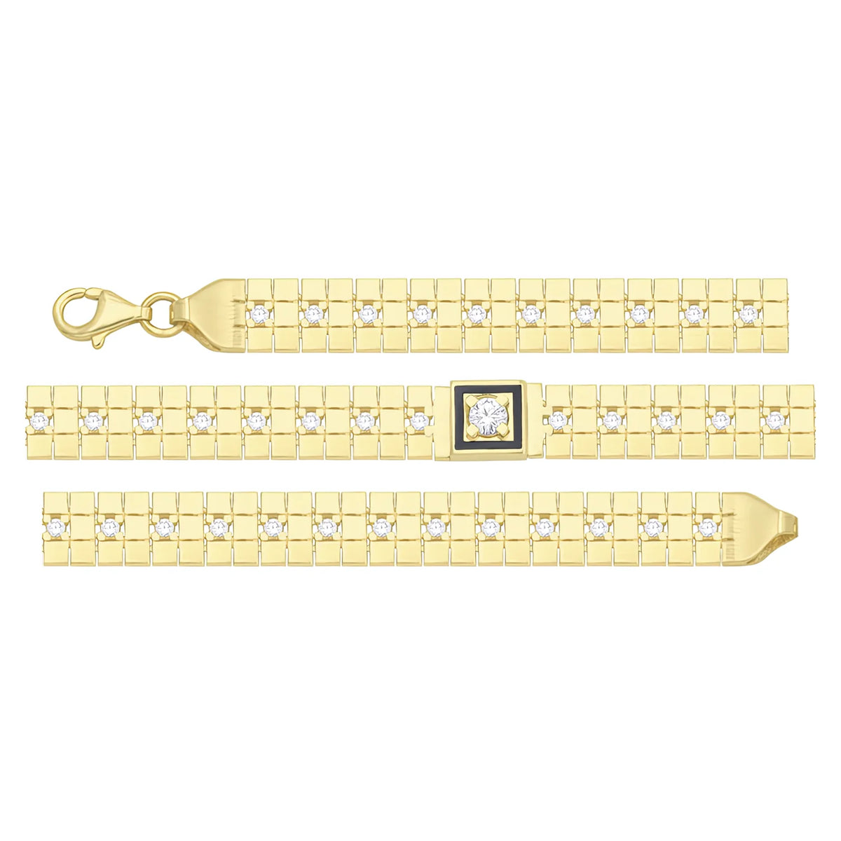 Solid gold brick link bracelet, 6.75 g — shown in three rows across the frame.