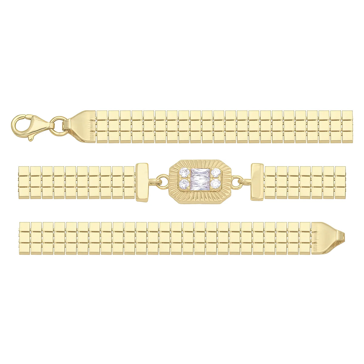 Solid gold brick link bracelet, 7.30 g — shown in three rows across the frame.
