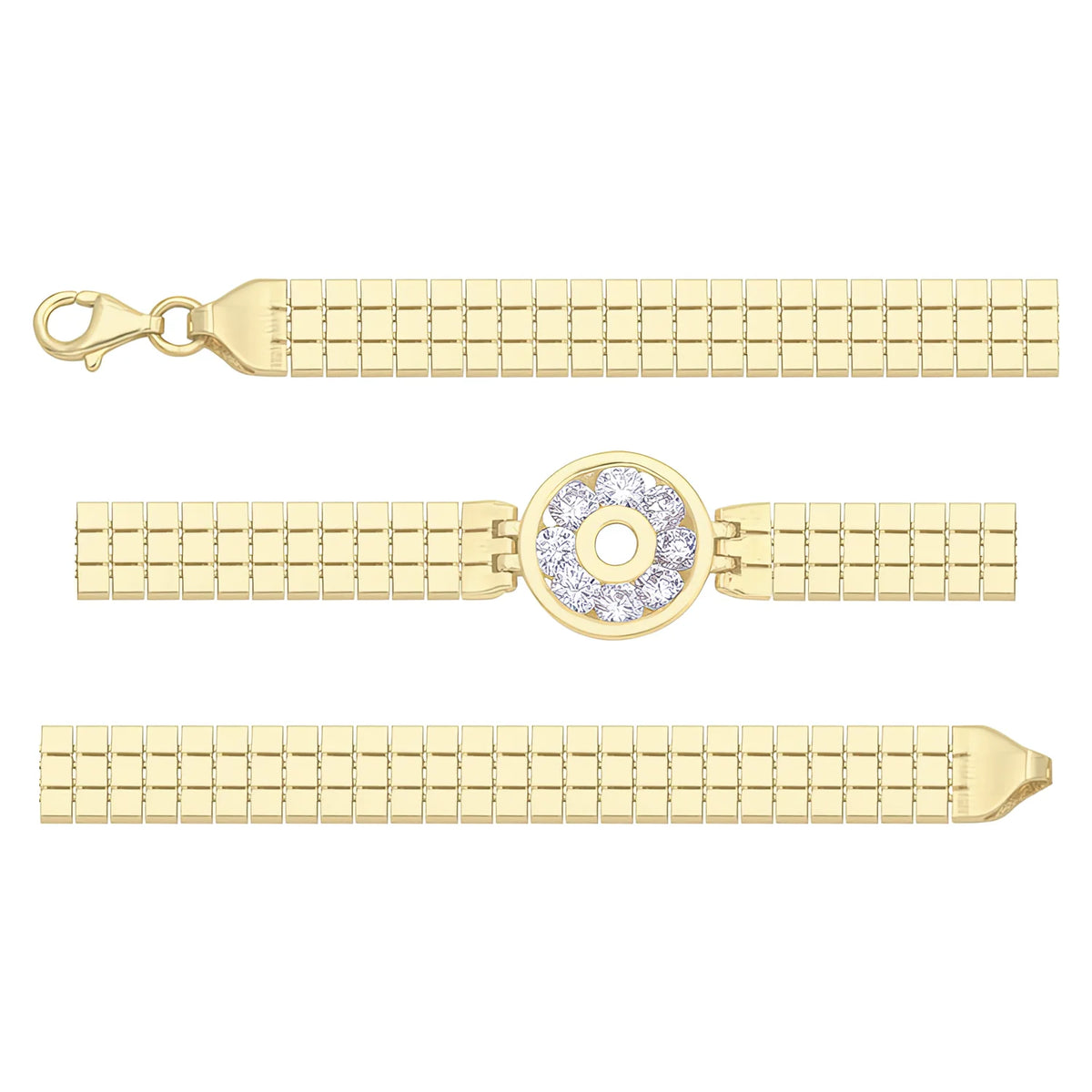 Solid gold brick link bracelet, 7.20 g — shown in three rows across the frame.