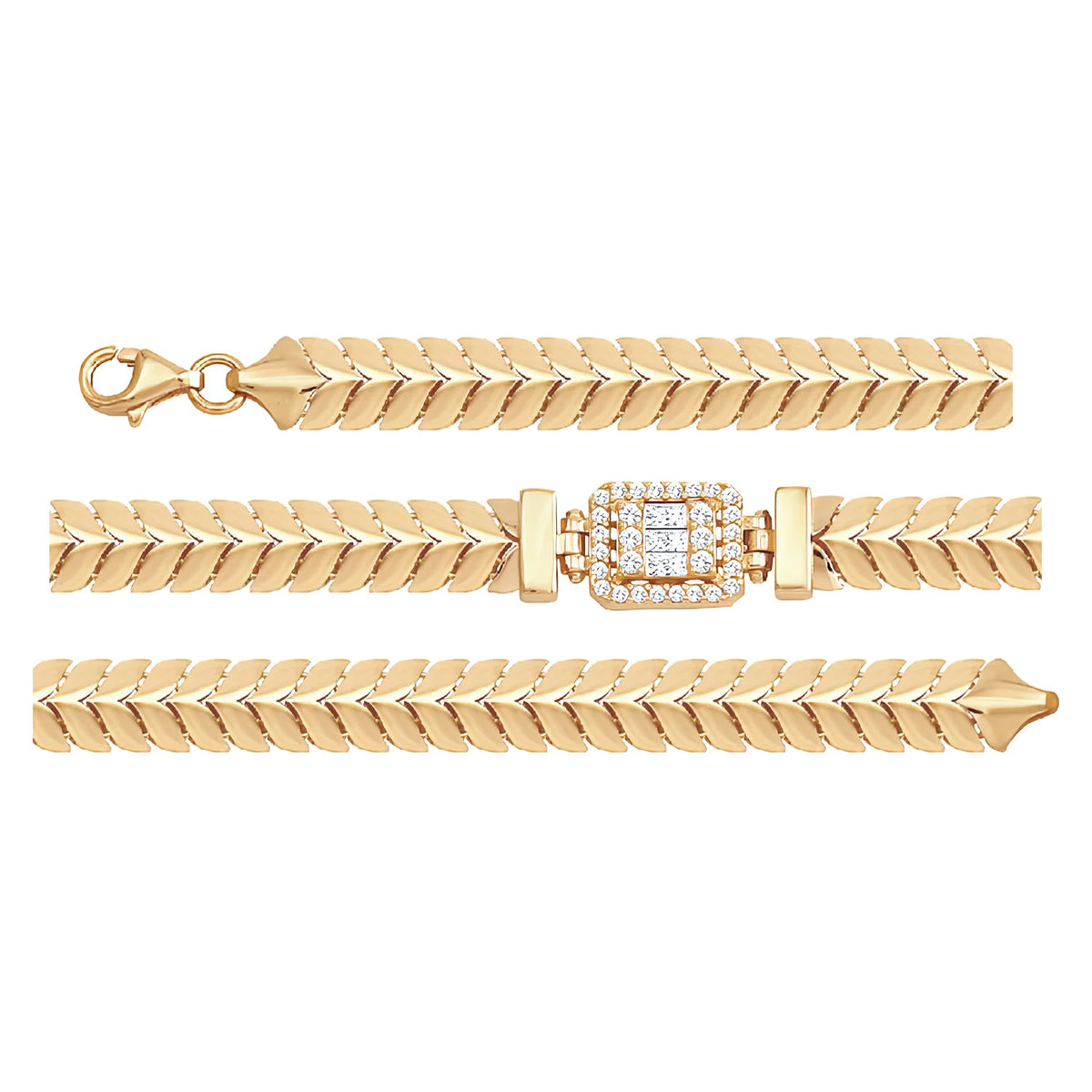 Solid gold herringbone bracelet, 9.40 g — shown in three rows across the frame.