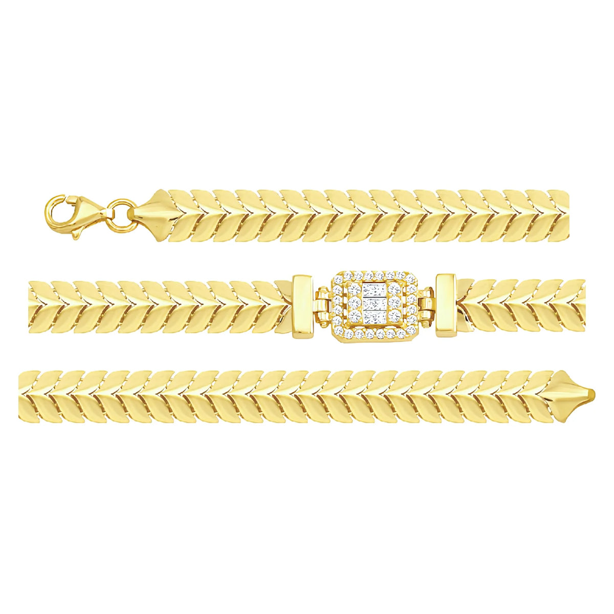 Solid gold herringbone bracelet, 8.75 g — shown in three rows across the frame.