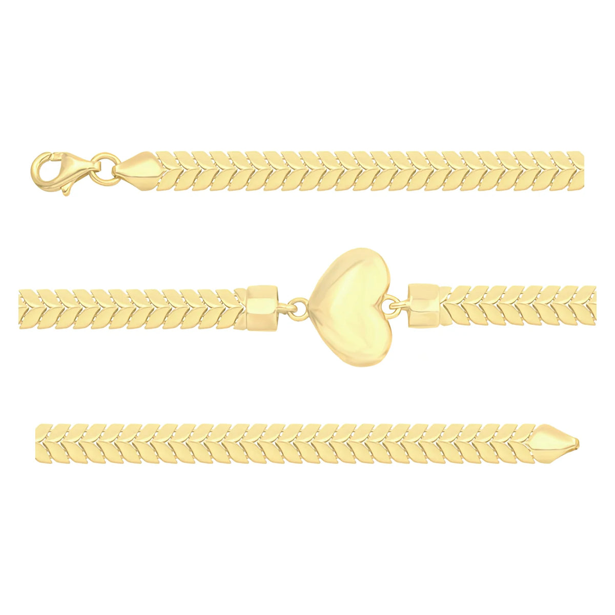 Solid gold herringbone bracelet, 6.70 g — shown in three rows across the frame.