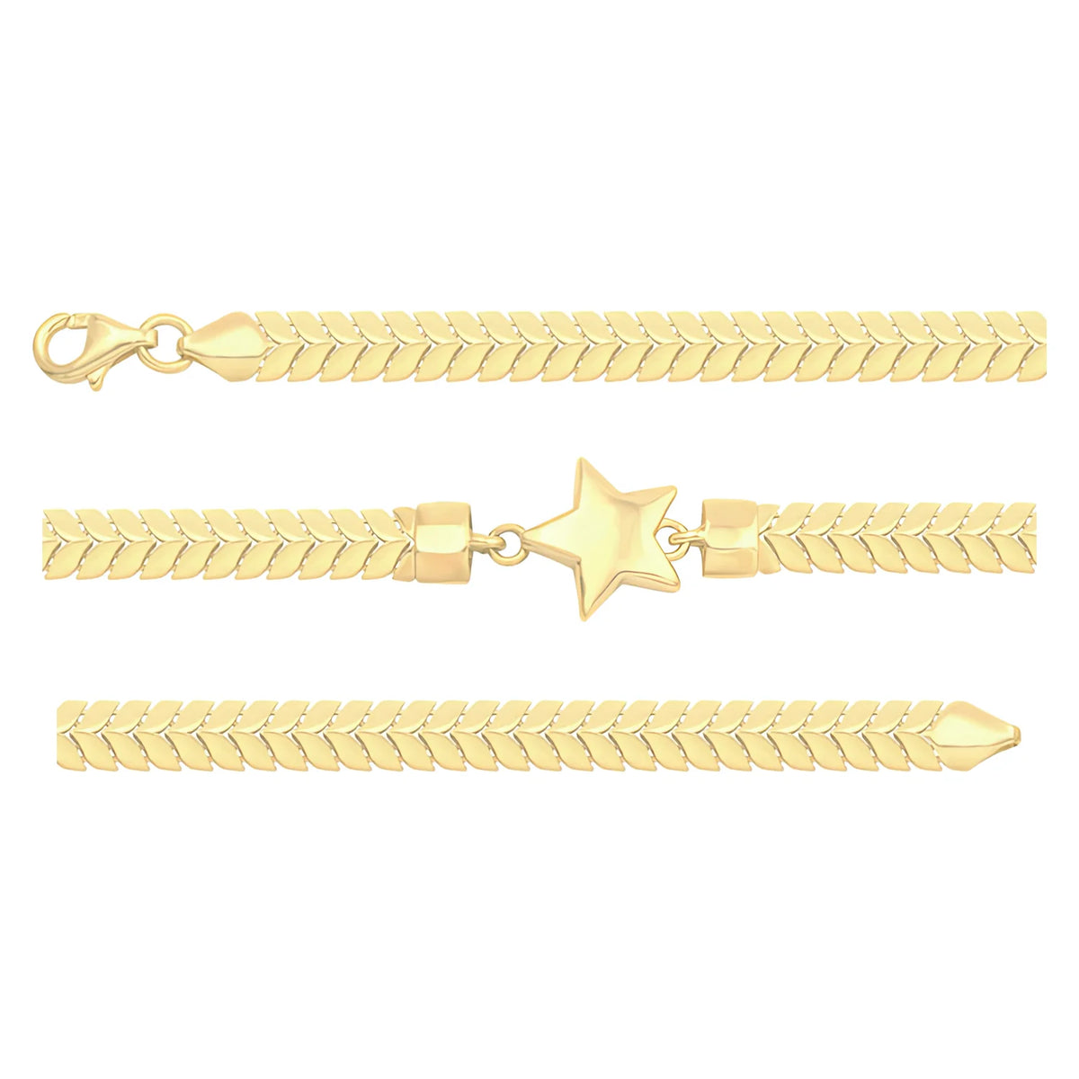 Solid gold herringbone bracelet, 6.60 g — shown in three rows across the frame.