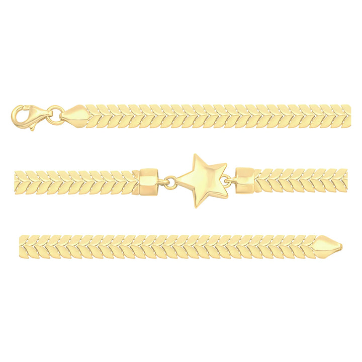 Solid gold herringbone bracelet, 6.60 g — shown in three rows across the frame.