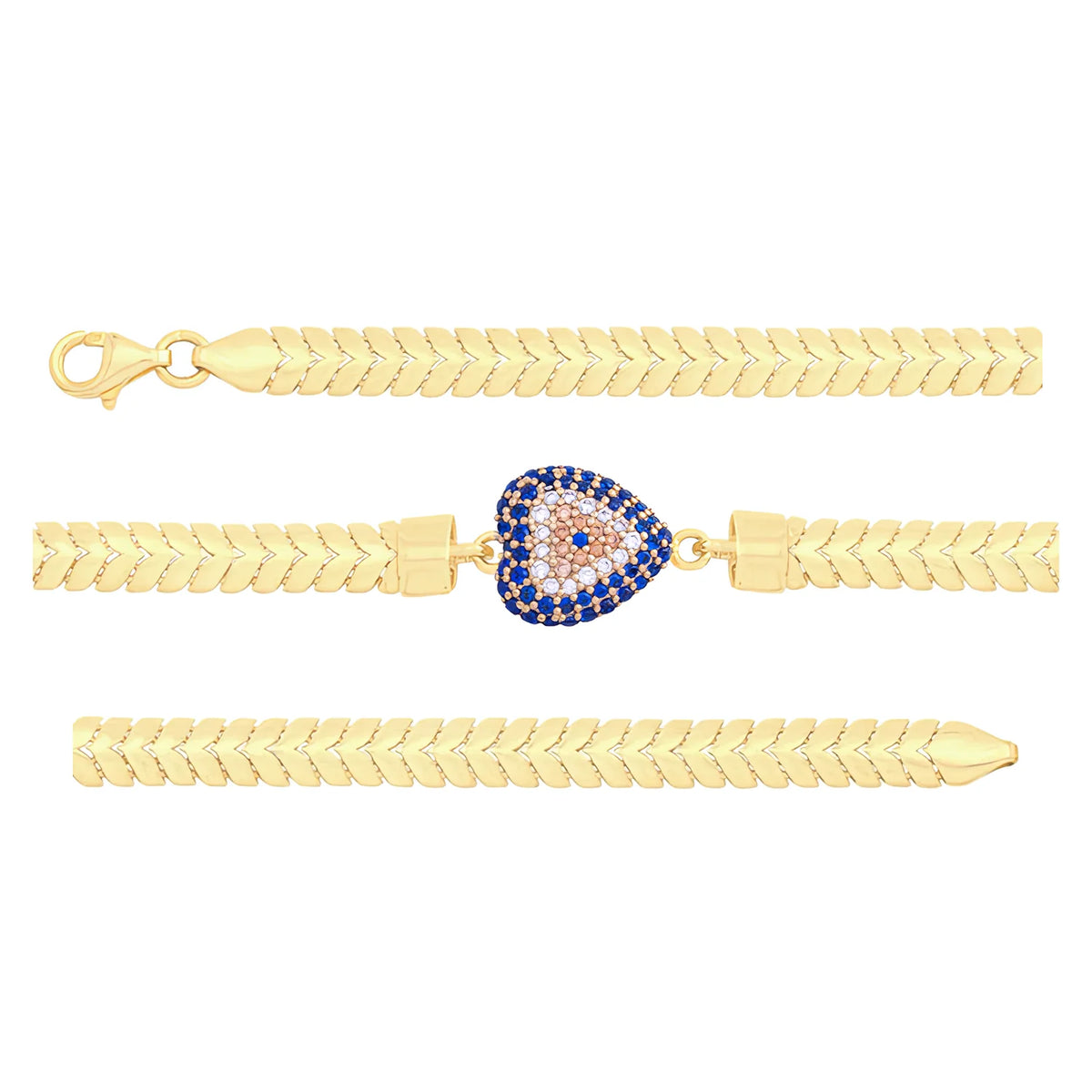Solid gold herringbone bracelet, 7.15 g — shown in three rows across the frame.