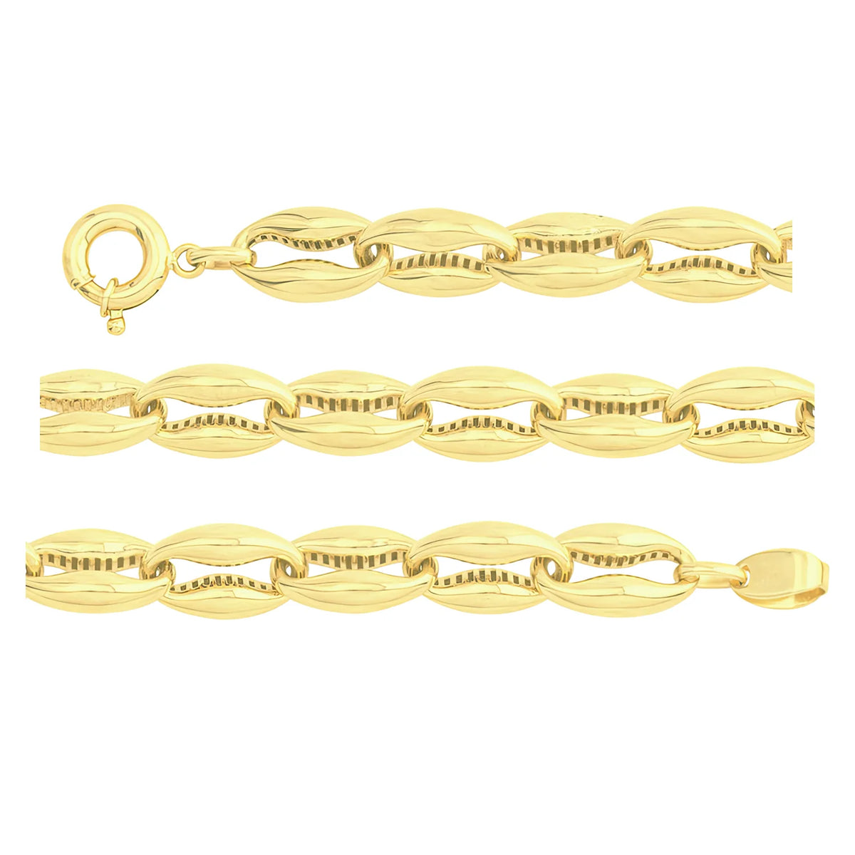 Solid gold mariner bracelet, 11.40 g — shown in three rows across the frame.