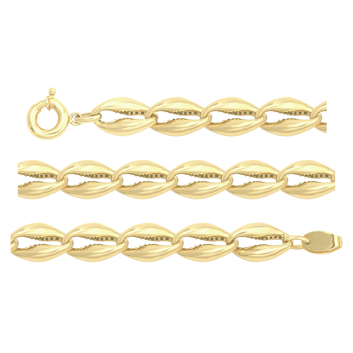 Solid gold mariner bracelet, 11.95 g — shown in three rows across the frame.