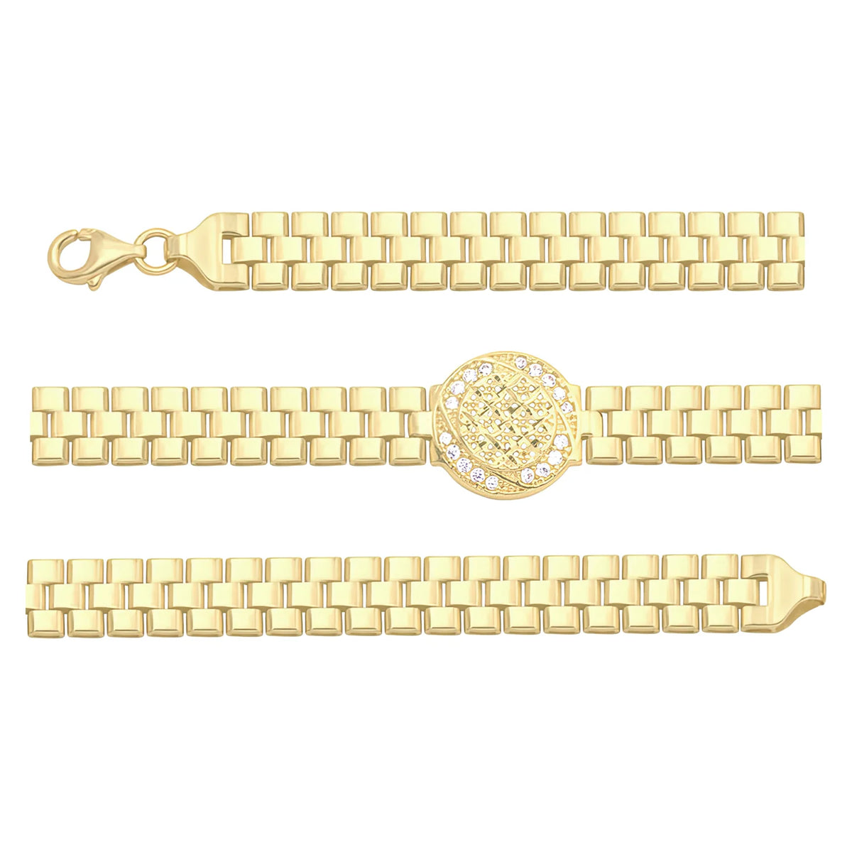 Solid gold brick link bracelet, 10.25 g — shown in three rows across the frame.