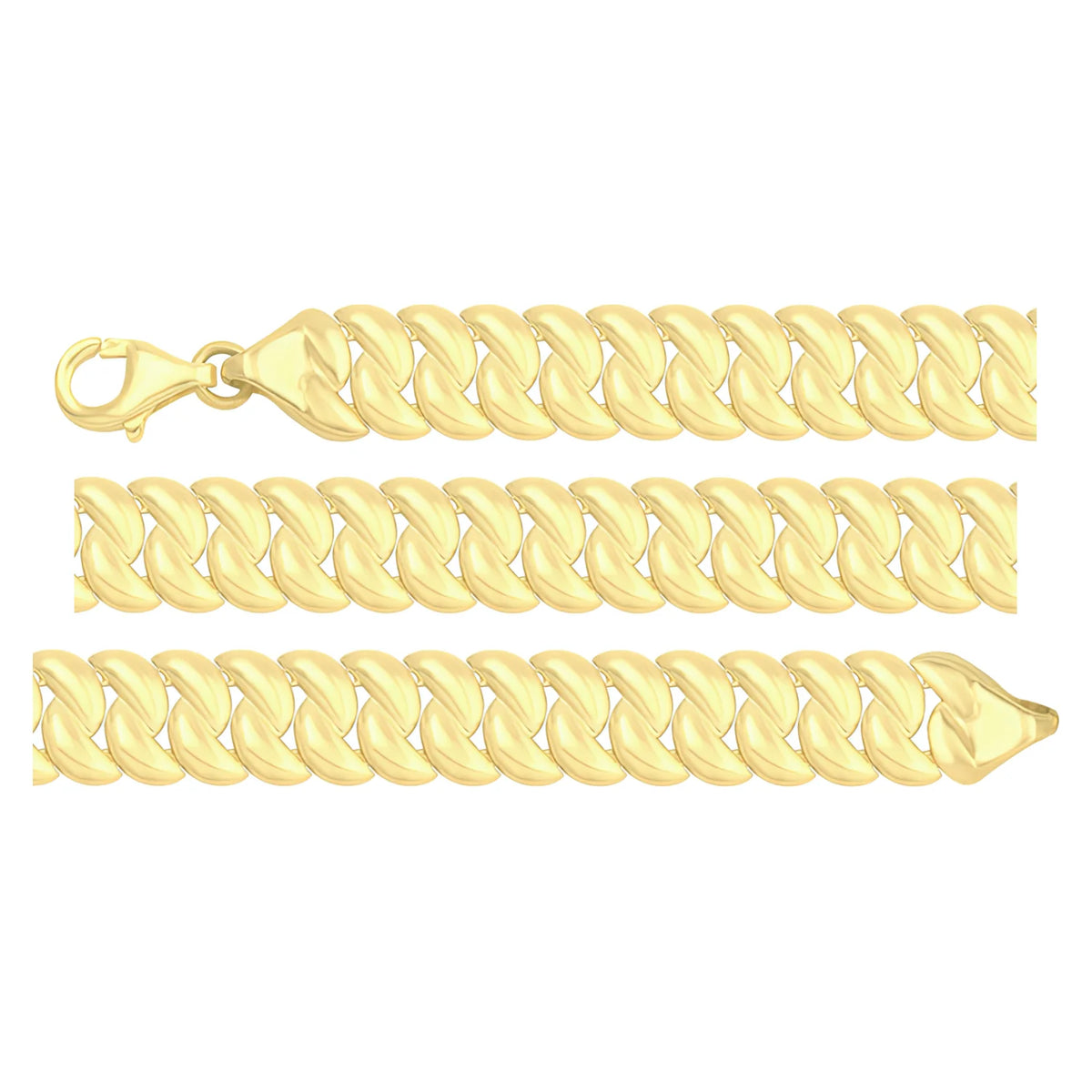 Solid gold curb bracelet, 10.05 g — shown in three rows across the frame.