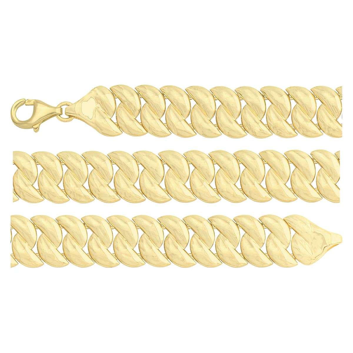 Solid gold curb bracelet, 12.65 g — shown in three rows across the frame.