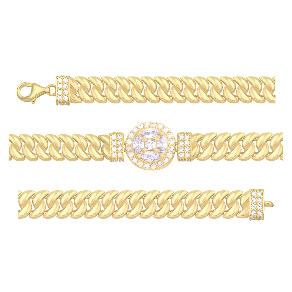 Solid gold curb bracelet, 9.30 g — shown in three rows across the frame.