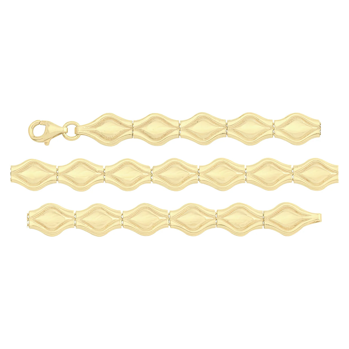Solid gold fancy link bracelet, 7.25 g — shown in three rows across the frame.