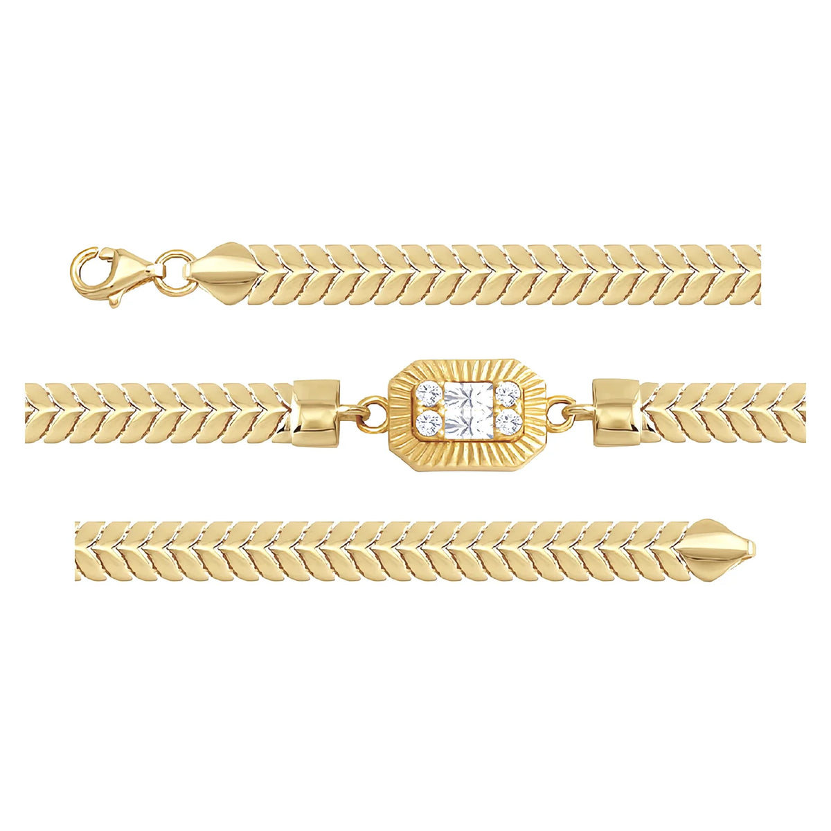 Solid gold herringbone bracelet, 6.60 g — shown in three rows across the frame.