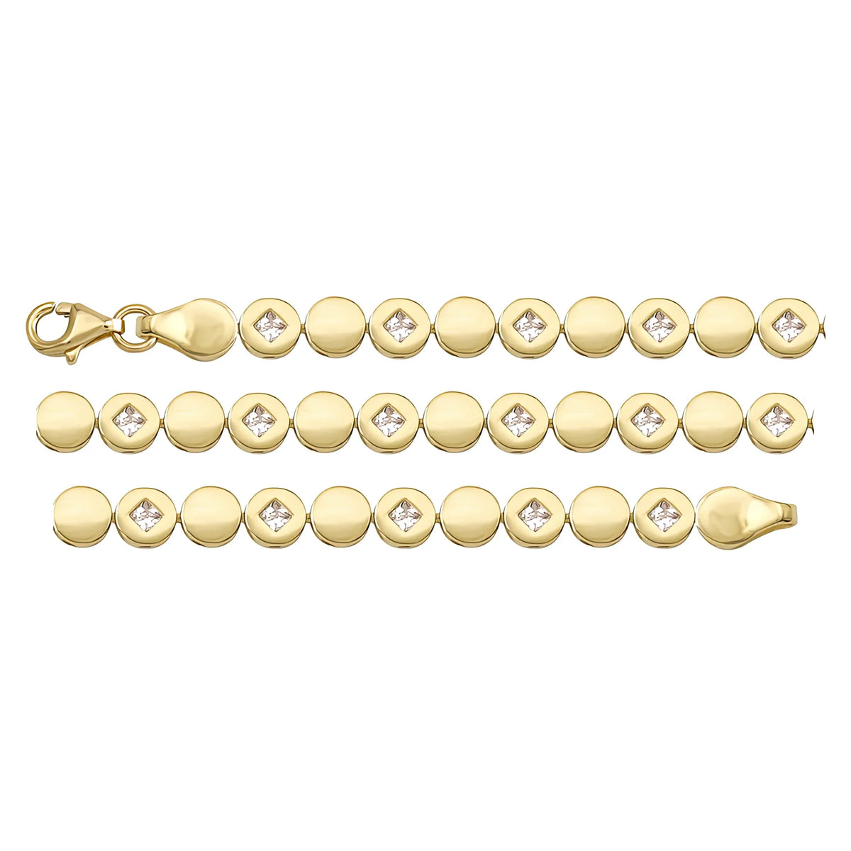 Solid gold fancy link bracelet, 7.10 g — shown in three rows across the frame.