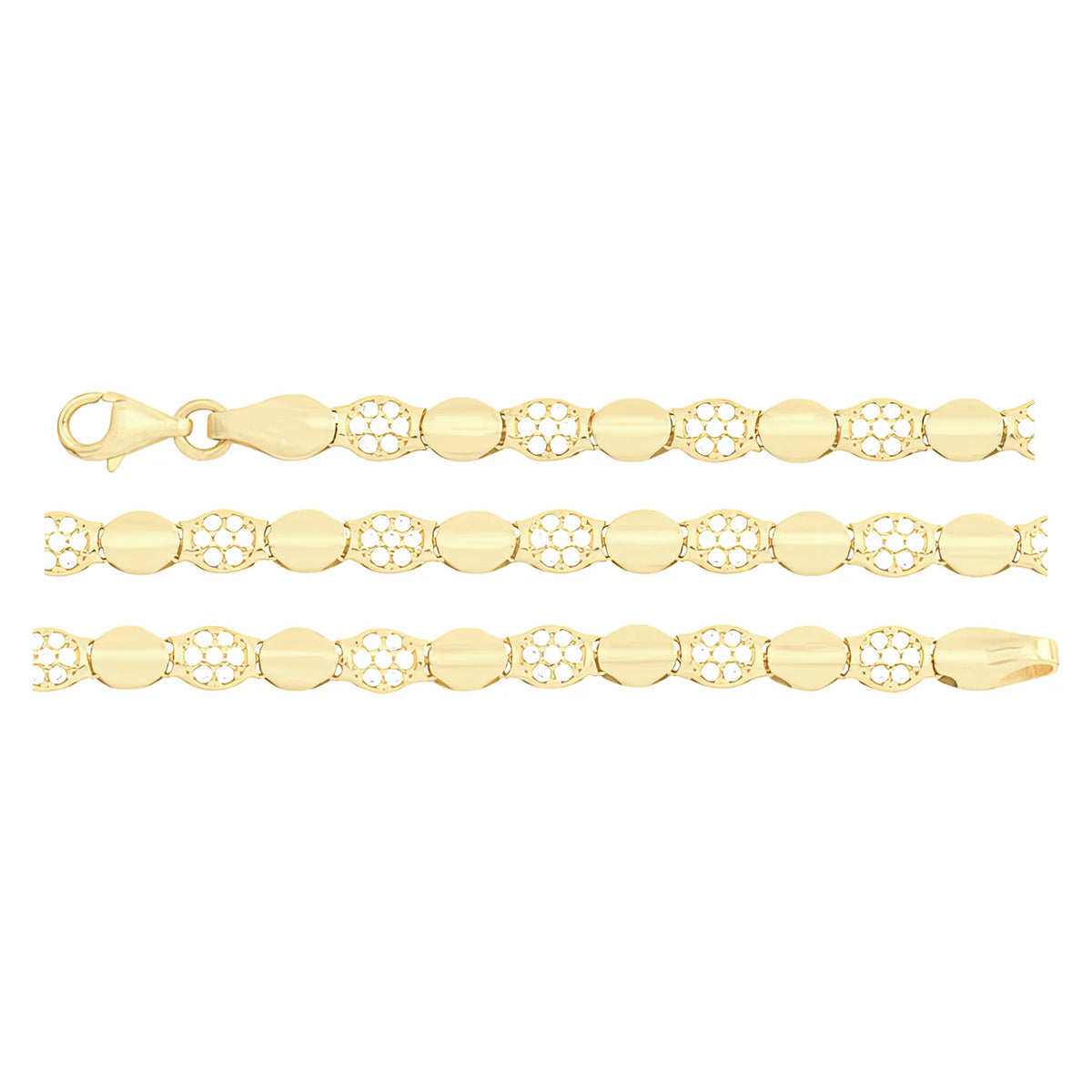Solid gold fancy link bracelet, 6.00 g — shown in three rows across the frame.