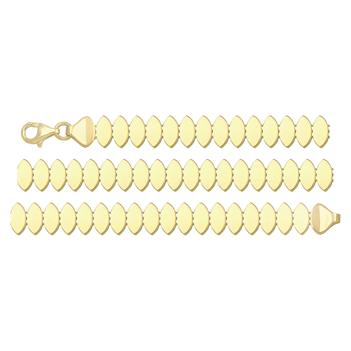 Solid gold id bracelet, 7.45 g — shown in three rows across the frame.
