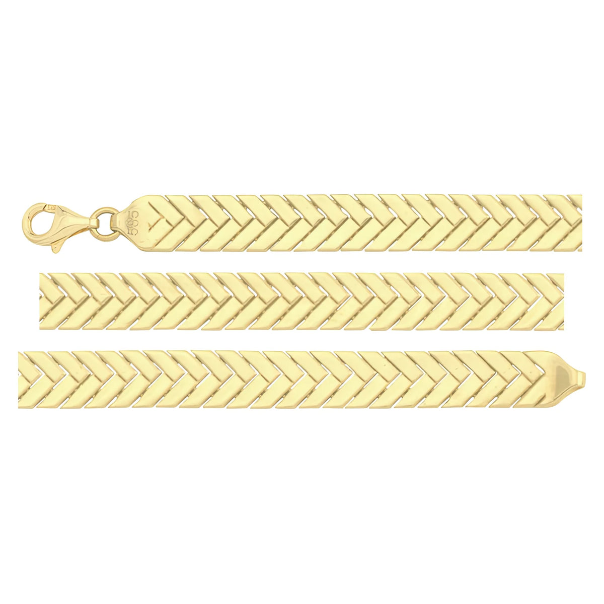 Solid gold herringbone bracelet, 9.20 g — shown in three rows across the frame.