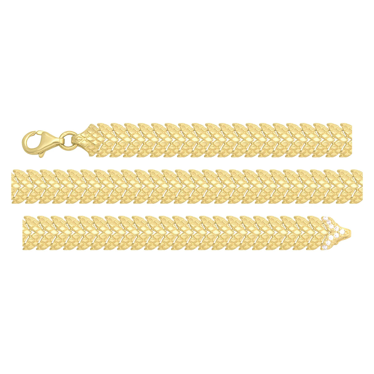 Solid gold herringbone bracelet, 11.00 g — shown in three rows across the frame.
