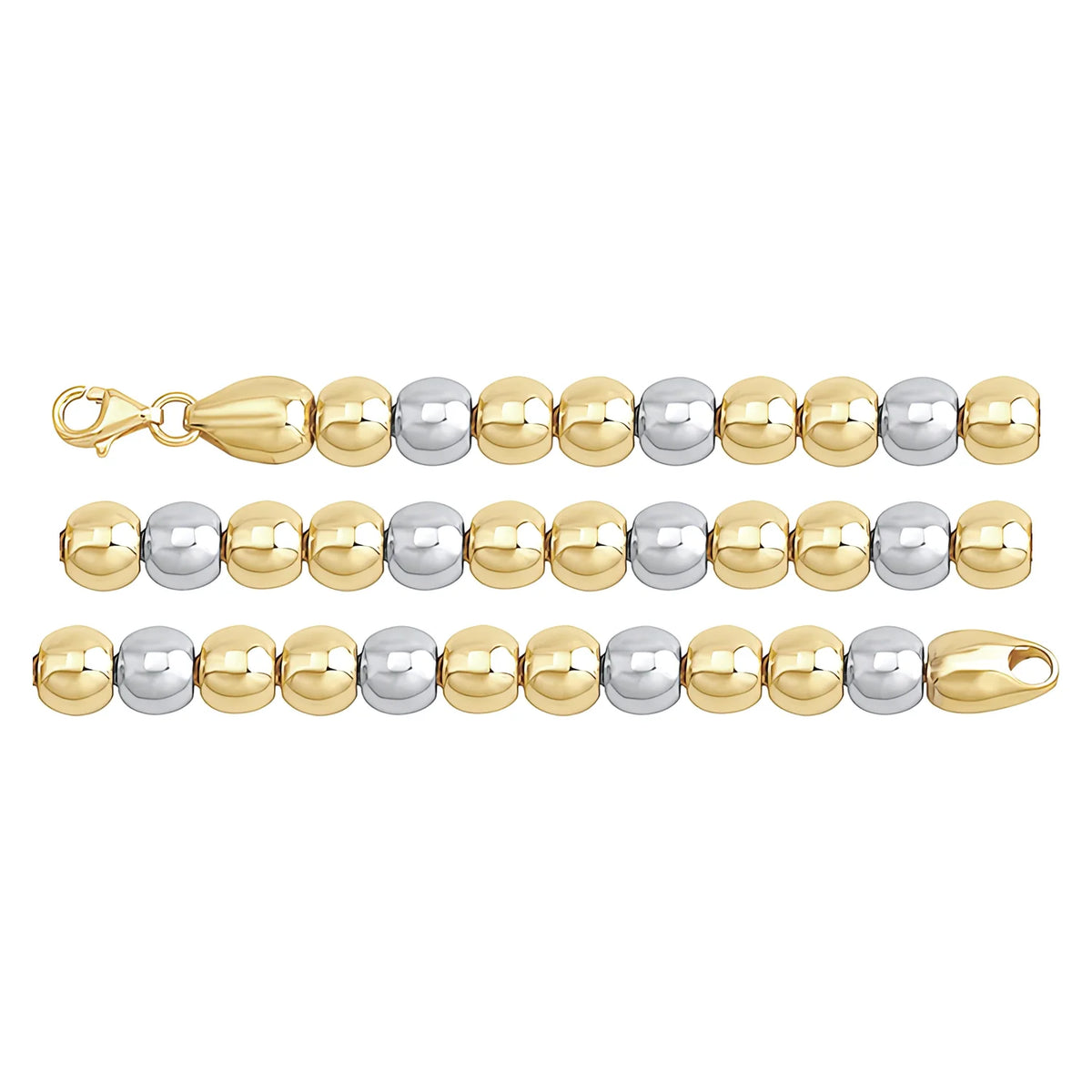 Solid gold bead bracelet, 10.55 g — shown in three rows across the frame.