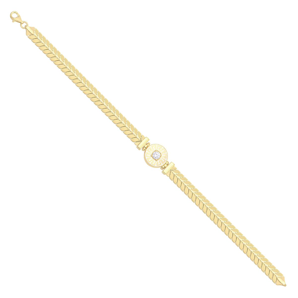 Solid gold herringbone bracelet, 9.90 g — shown at an angle across the frame.