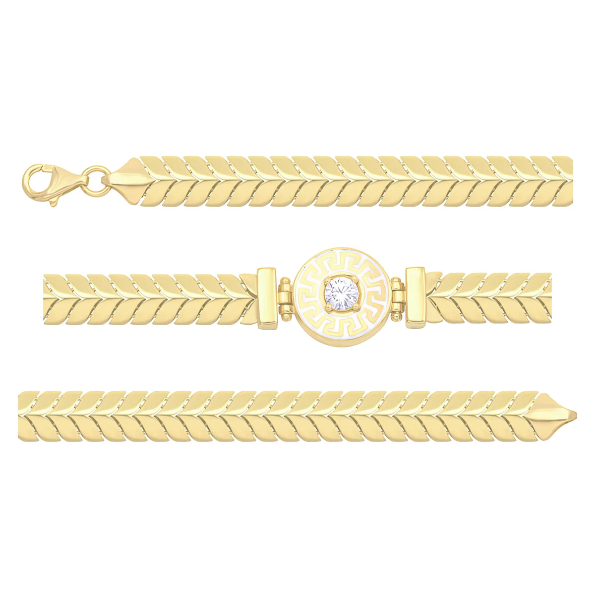Solid gold herringbone bracelet, 9.90 g — shown in three rows across the frame.