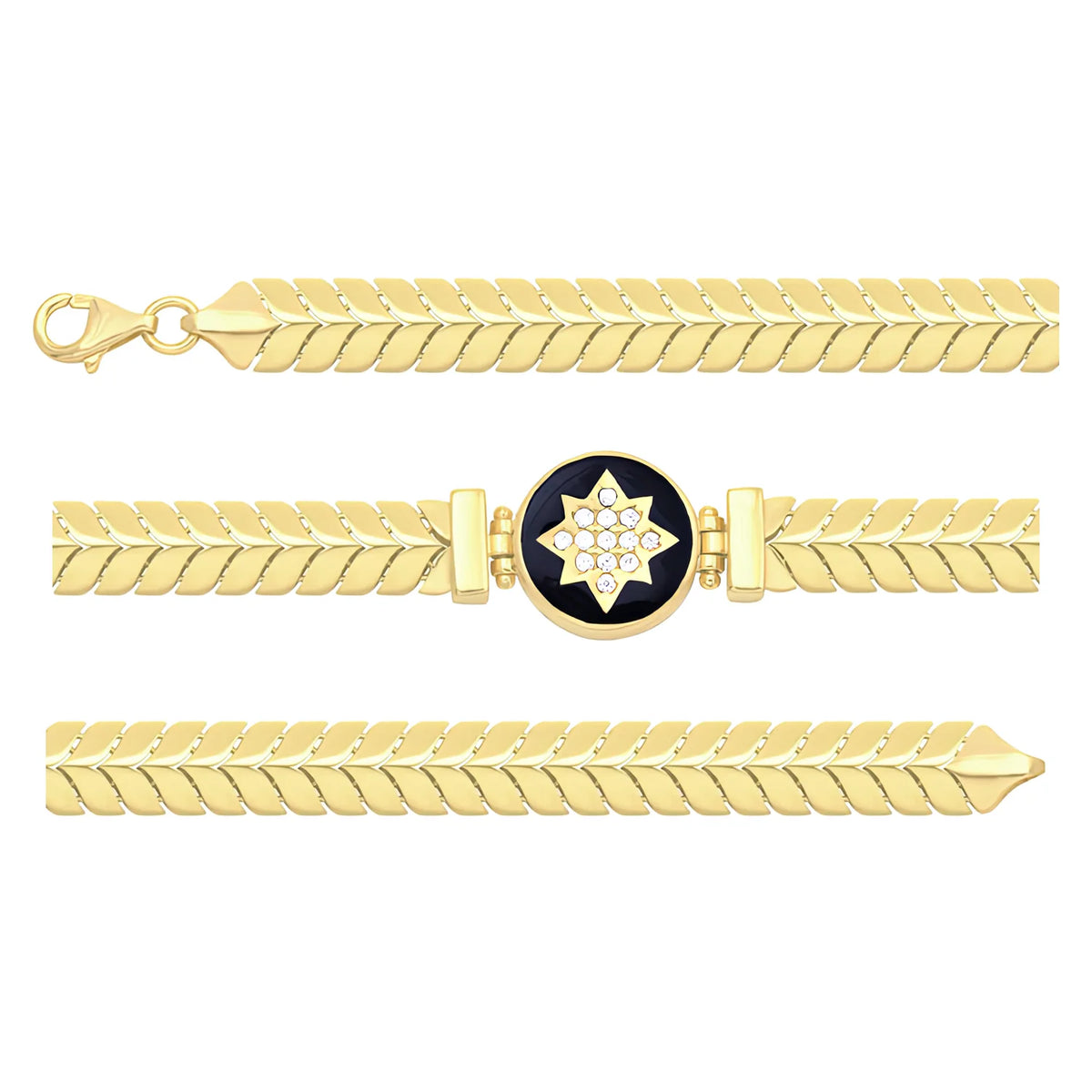 Solid gold herringbone bracelet, 9.50 g — shown in three rows across the frame.