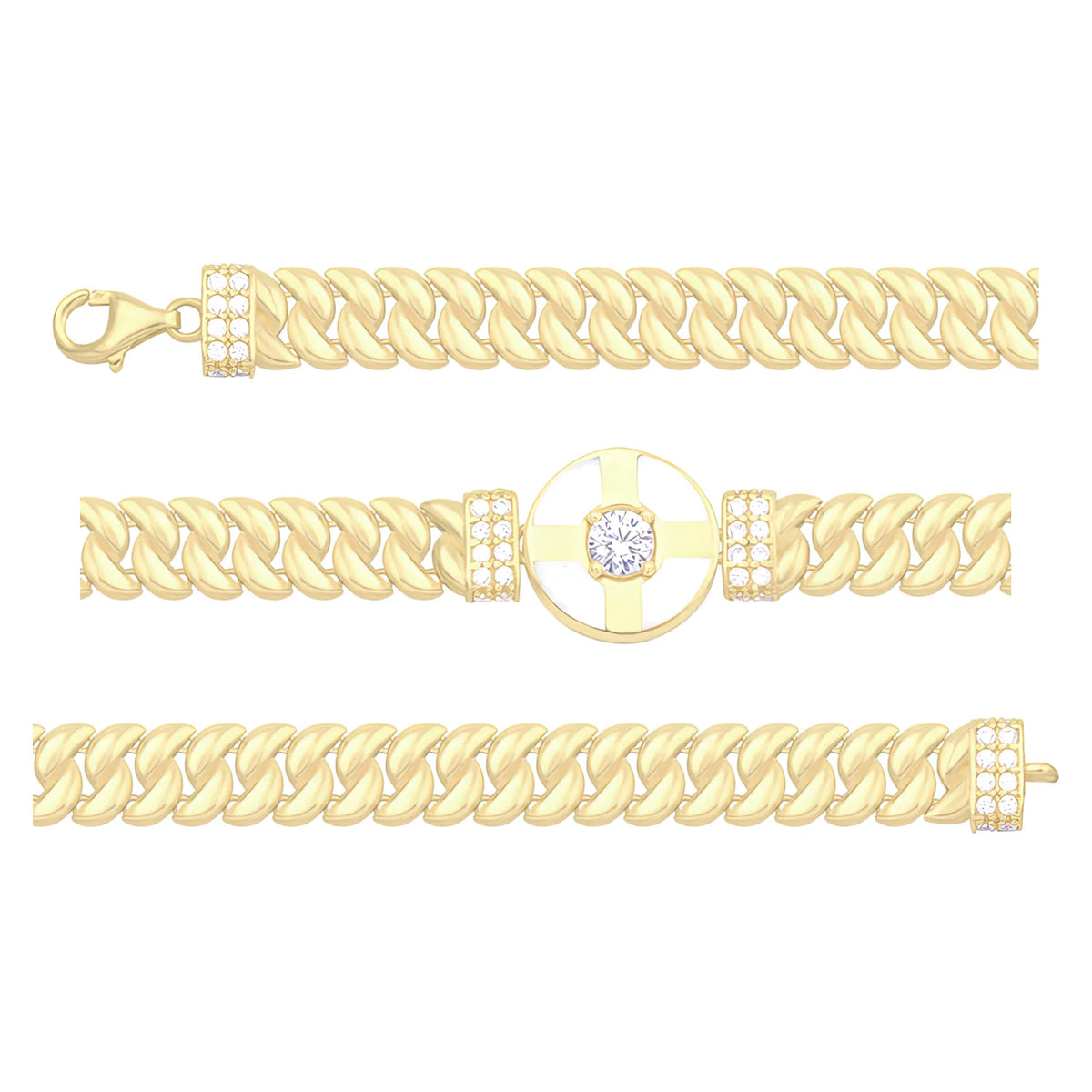 Solid gold curb bracelet, 9.00 g — shown in three rows across the frame.
