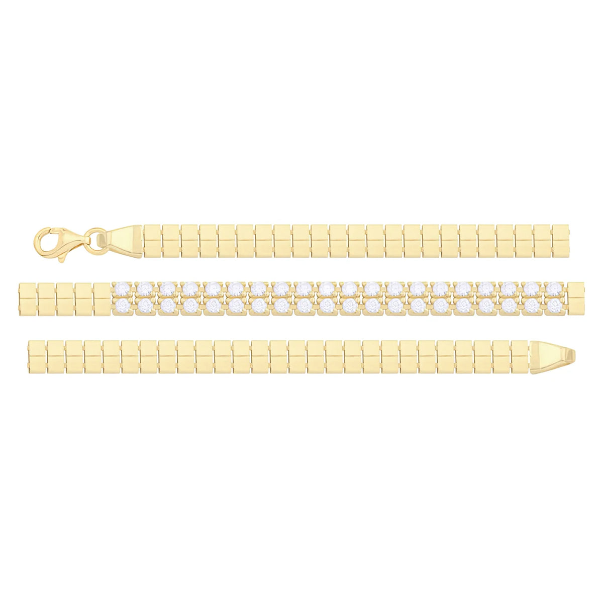 Solid gold tennis bracelet, 8.70 g — shown in three rows across the frame.