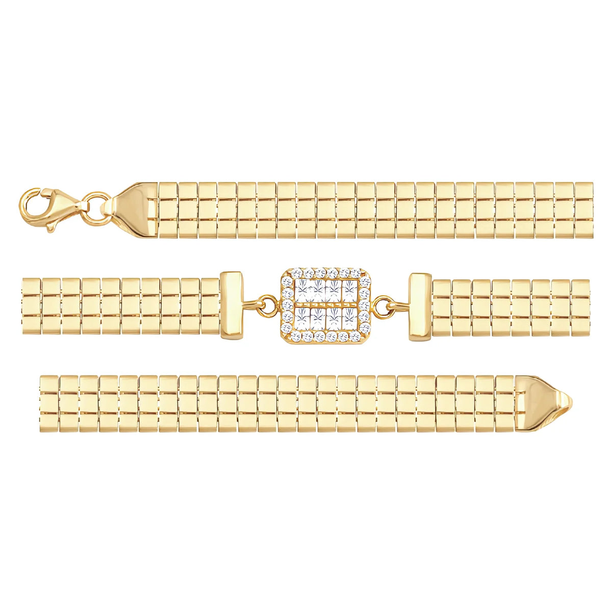 Solid gold brick link bracelet, 7.40 g — shown in three rows across the frame.