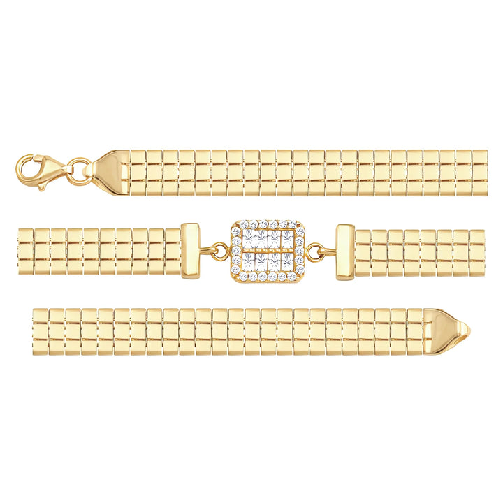 Solid gold brick link bracelet, 7.40 g — shown in three rows across the frame.