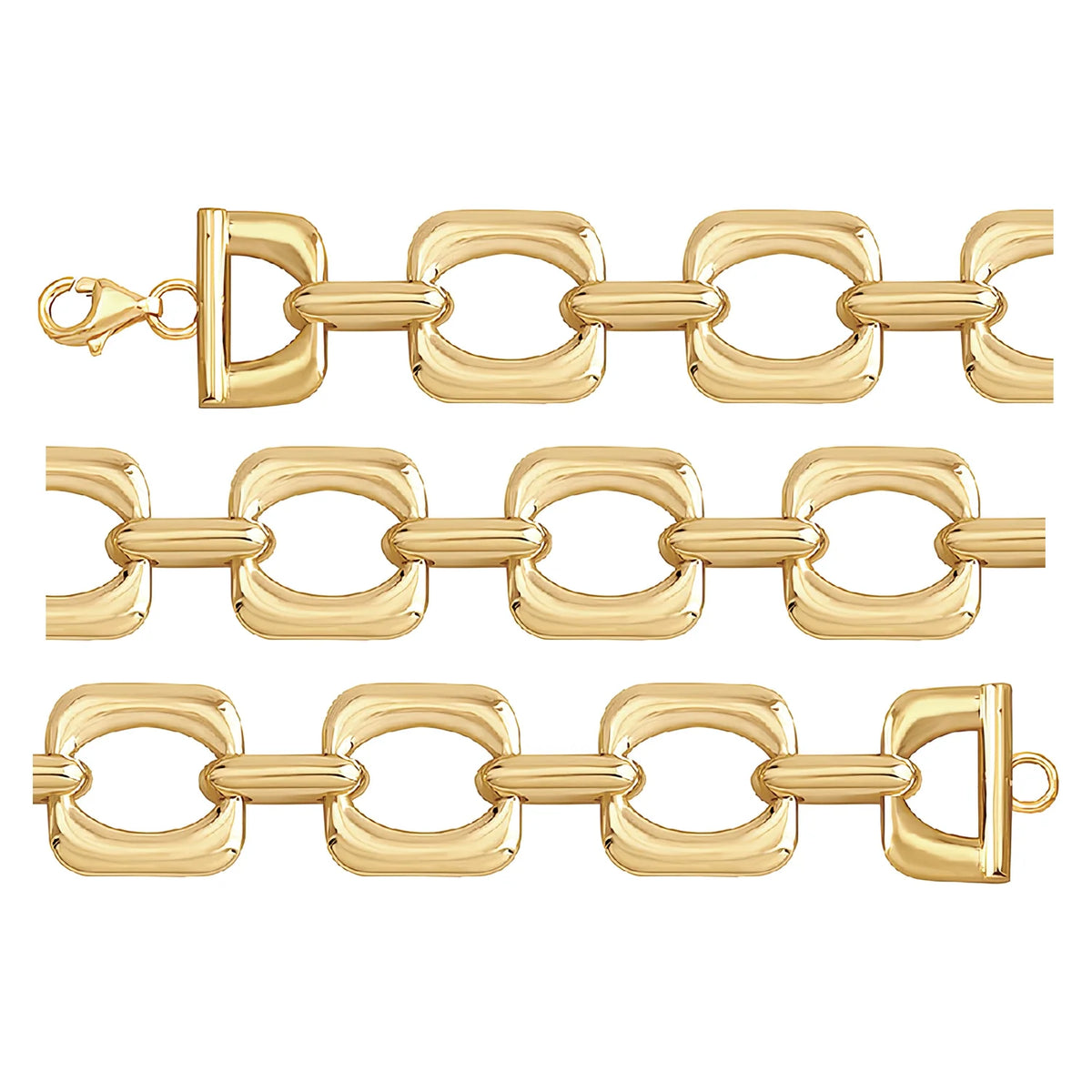 Solid gold fancy link bracelet, 14.90 g — shown in three rows across the frame.