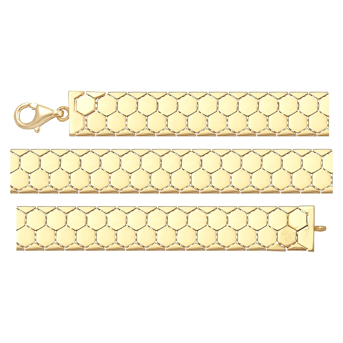 Solid gold honeycomb bracelet, 13.75 g — shown in three rows across the frame.